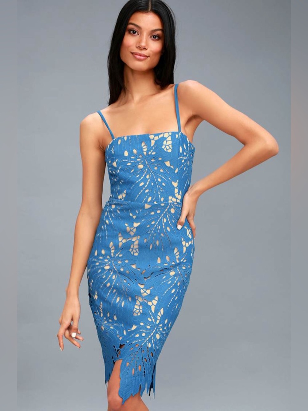 Blue Spring Midi Dress with Floral Lace Overlay